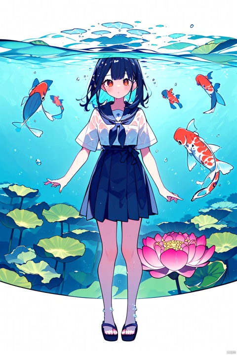 (masterpiece, best quality, highres:1.2),minimalism,realistic,(unified picture:1.1),,(A girl standing in water, upper body above, lower body submerged:1.8),upper body on the water,lower body below the surface,(1girl:1.1),(solo:1.1),,(on the water were giant lotus flowers and leaves:1.4),(giant lotus leaves grow out of the water:1.2),(Cirrocumulus:1.1),,(below the surface are schools of giant koi:1.3),(giant koi:1.1),,black hair,long hair,white dress,wet clothes,wet body,wet hair,,clear and clean water,[ripples],(from_below:1.4),look at viewer,depth of field,(simple_background:1.2),,,wlqc,,,
