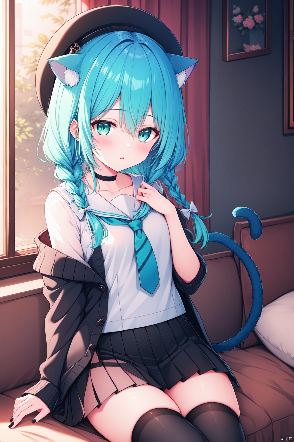  (masterpiece),(best quality),1girl, animal ears, skirt, solo, tail, thighhighs, cat ears, shirt, open clothes, looking at viewer, sitting, long hair, white shirt, hair bow, indoors, cat tail, twin braids, pleated skirt, black skirt, black headwear, black thighhighs, bow, black choker, black bow, hat, aqua hair, choker, bangs, sailor collar, long sleeves, necktie, braid, blush, green eyes, hand up, school uniform, cardigan, cat girl, off shoulder, animal ear fluff, sleeveless, red necktie, nail polish, open cardigan, plant, twintails, window, serafuku, grey cardigan, hair between eyes, hair ornament, parted lips, black nails, cowboy shot, zettai ryouiki, thighs