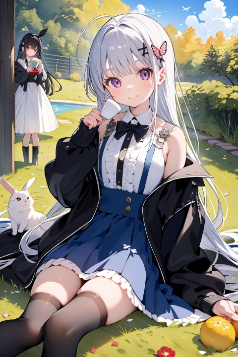  multiple_girls, 2girls, outdoors, long_hair, smile, red_eyes, butterfly, black_hair, purple_eyes, boots, day, :d, bug, long_sleeves, hair_over_one_eye, flower, sleeves_past_wrists, animal, food, closed_mouth, lace-up_boots, very_long_hair, thighhighs, white_shirt, white_hair, black_footwear, bangs, shirt, cross-laced_footwear, picnic, skirt, ahoge, sandwich, hair_ornament, holding, jacket, fruit, open_mouth, sitting, petals, red_flower, ribbon, cat, rabbit, blush, off_shoulder, looking_at_viewer, cup, hair_ribbon, sleeves_past_fingers, dress, frills, black_jacket, grass, bow