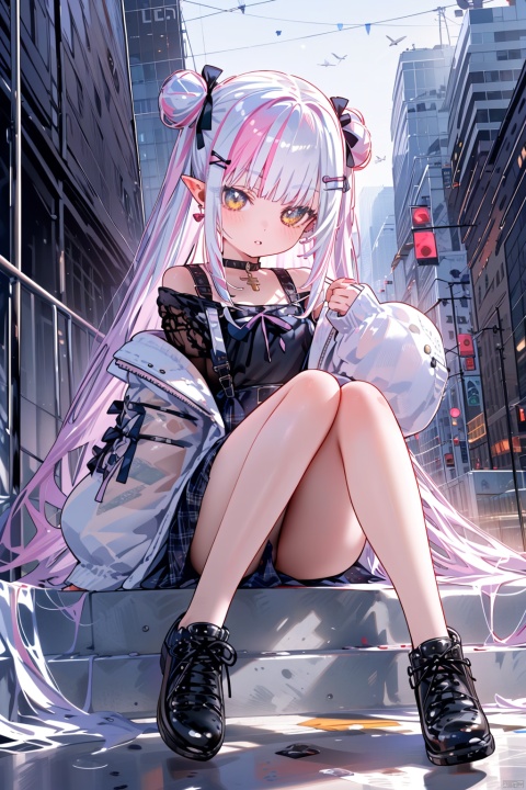 (best quality), (masterpiece),1girl, black footwear, sitting, long hair, double bun, jacket, solo, multicolored hair, shoes, hair bun, hair ornament, outdoors, black bow, looking at viewer, can, bangs, off shoulder, open jacket, white jacket, very long hair, parted lips, streaked hair, hair bow, open clothes, holding, bow, hairclip, pink hair, white hair, building, heart, bare shoulders, skirt, virtual youtuber, long sleeves, sleeves past wrists, choker, yellow eyes, black shirt, see-through, jewelry, earrings, shirt, full body, bare legs, holding can, pointy ears
