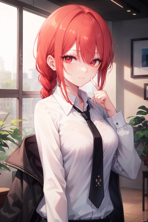 makima \(chainsaw man\), solo, 1girl, shirt, black necktie, necktie, white shirt, red hair, looking at viewer, ringed eyes, collared shirt, braid, long sleeves, upper body, index finger raised, sidelocks, closed mouth, breasts, red eyes, braided ponytail