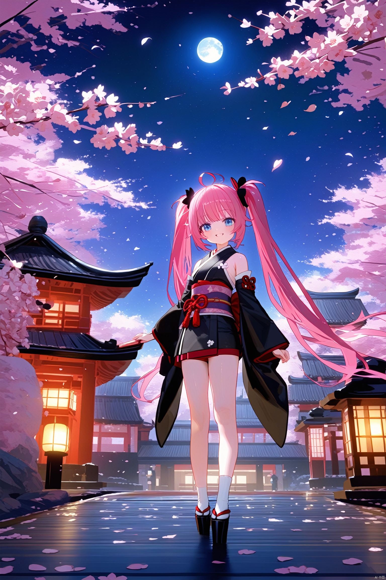 hatsune_miku, solo, long_hair, 1girl, night, petals, moon, lantern, twintails, sky, cherry_blossoms, smile, east_asian_architecture, breasts, full_moon, detached_sleeves, architecture, ass, night_sky, looking_at_viewer, blue_eyes, very_long_hair, japanese_clothes, obi, sash, outdoors, ahoge, kimono, wide_sleeves, building