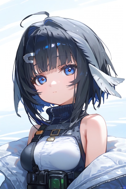 1girl, la pluma \(arknights\), solo, gloves, fingerless gloves, blue eyes, upper body, black gloves, looking at viewer, black hair, breasts, bare shoulders, short hair, hair ornament, medium breasts, sleeveless, hair intakes, closed mouth, shirt, ahoge, sleeveless shirt, hairclip