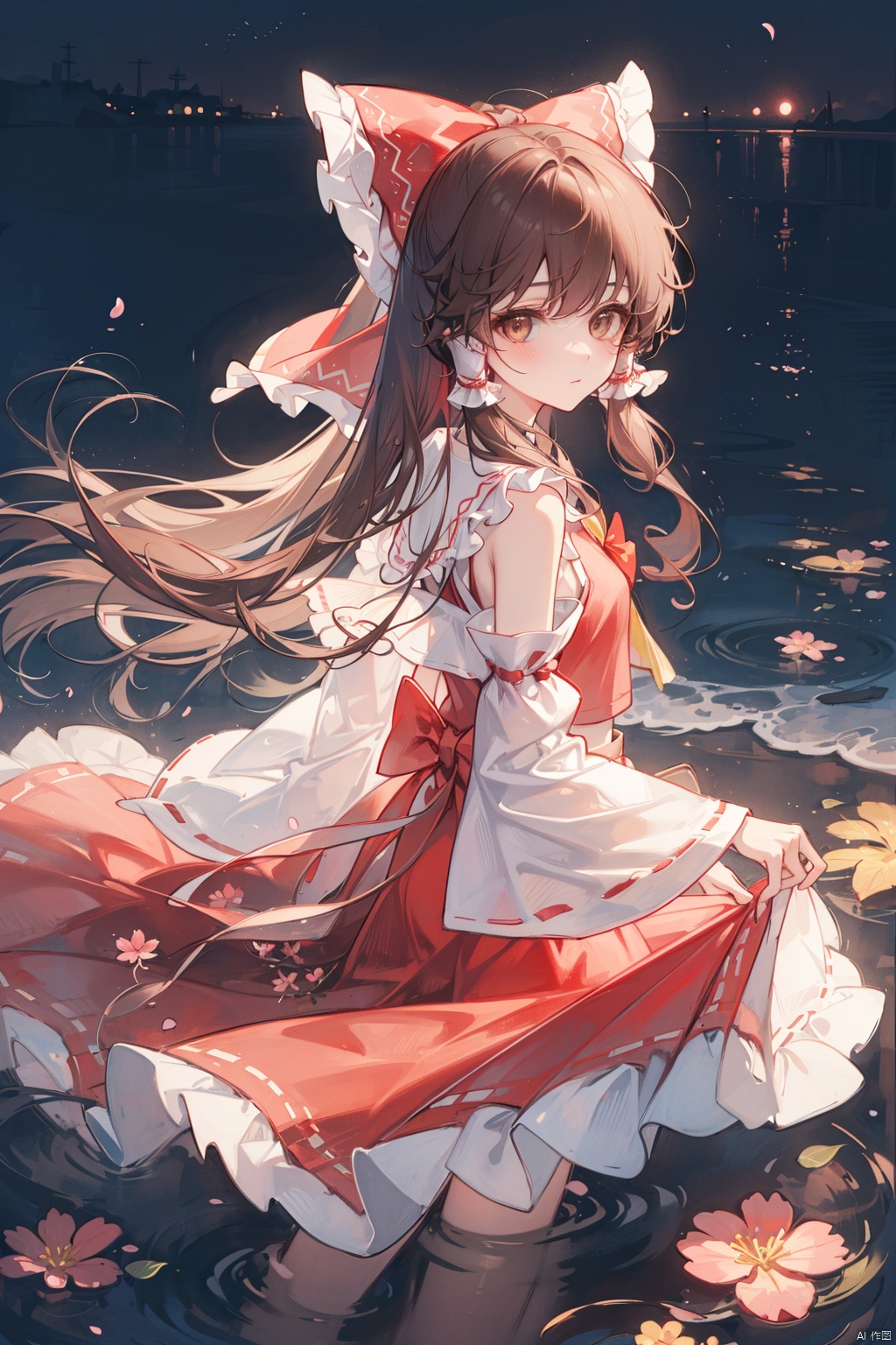 1girl, bow, solo, long hair, hakurei reimu, skirt, detached sleeves, red skirt, red bow, hair tubes, brown hair, hair bow, skirt hold, frills, yellow bow, yellow bowtie, frilled bow, wide sleeves, looking at viewer, bangs, ribbon trim, bowtie, brown eyes, wading, ribbon-trimmed sleeves, frilled hair tubes, cherry blossoms, closed mouth, sidelocks, water, shirt, red shirt, night
