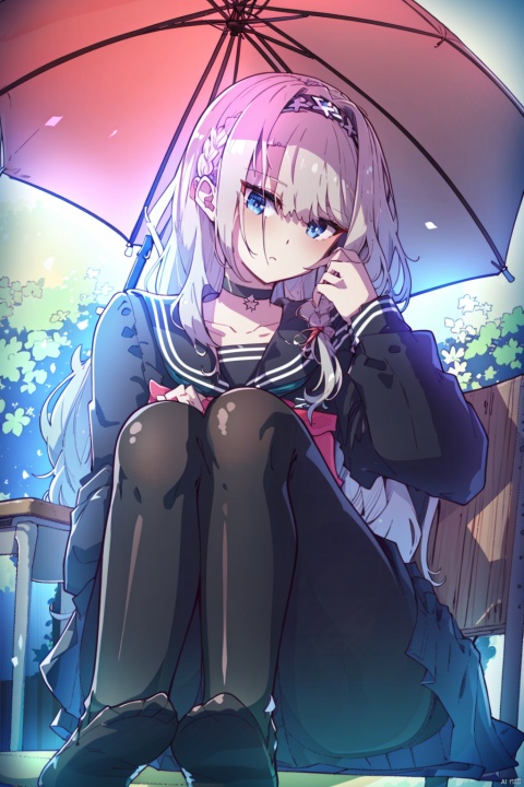  (best quality),(masterpiece),1girl, solo, pantyhose, long hair, halo, weapon, choker, hairband, umbrella, gun, braid, very long hair, desk, bangs, no shoes, black choker, sitting, long sleeves, blue eyes, black pantyhose, ribbon, looking at viewer, grey hair, holding, skirt, water, indoors, hair ribbon, sailor collar, black hairband, school uniform, collarbone, hair over one eye, serafuku, school desk, knees up, rifle, shirt, closed mouth, holding umbrella, holding gun, side braid, holding weapon, sleeves past wrists, jacket, neckerchief