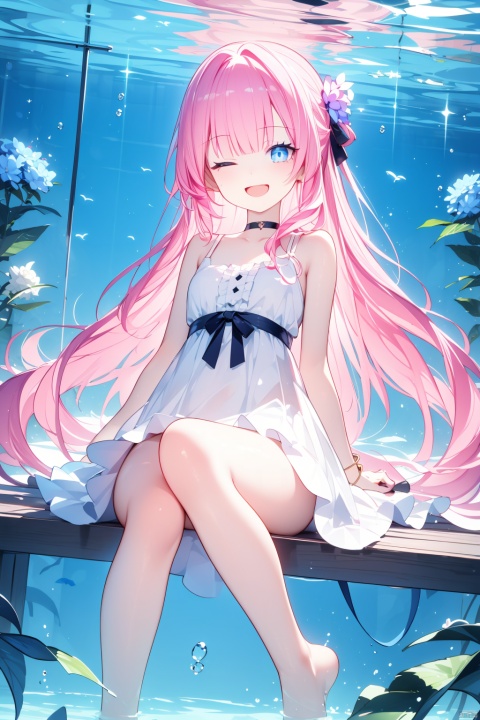  1girl, solo, pseudo impasto, best quality, aesthetic, detailed, looking at viewer, smile, open mouth, blue eyes, one eye closed, long hair, pink hair, bangs, breasts, barefoot, dress, bare shoulders, red ribbon, wrist ribbon, bracelet, choker, in cup, partially submerged, purple rose, hydrangea, blue rose