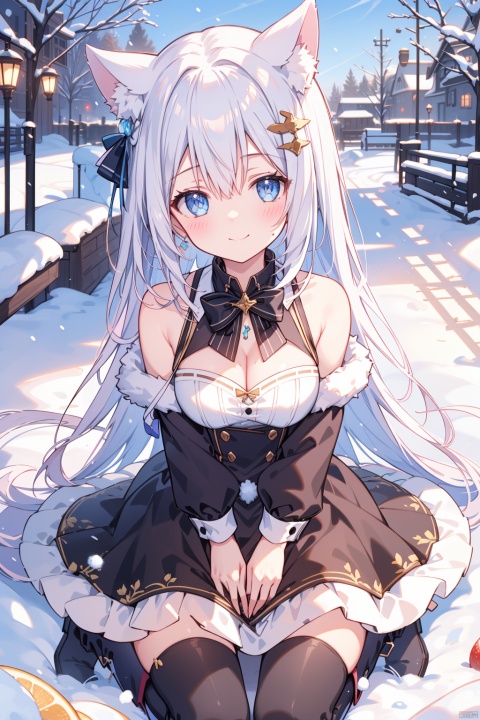  (best quality),(masterpiece),1girl, animal_ears, solo, snow, blue_eyes, breasts, long_hair, food, smile, fruit, outdoors, tree, bow, fur_trim, boots, closed_mouth, looking_at_viewer, hair_ornament, cleavage, very_long_hair, white_hair, blush, tail, long_sleeves, bare_shoulders, animal, hair_between_eyes, holding