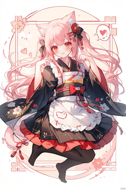  (best quality),(masterpiece),tail ornament, 1girl, pantyhose, hair ornament, tail, looking at viewer, red eyes, bangs, wide sleeves, tail ribbon, animal ears, no shoes, flower, spoken heart, paw pose, cat ears, heart, hair flower, twintails, red flower, japanese clothes, tassel, blush, cat tail, solo, kimono, bow, long hair, full body, apron, long sleeves, extra ears, red bow, parted lips, smile, black bow, tail bow, hands up, pink kimono, animal ear fluff, cat