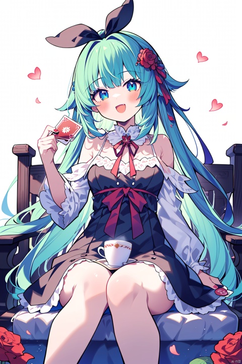  (best quality),(masterpiece),1girl, long_hair, playing_card, cup, crown, card, sitting, braid, very_long_hair, blue_eyes, flower, red_hair, dress, solo, petals, looking_at_viewer, smile, heart, detached_sleeves, rose, ribbon, spade_\(shape\), holding, open_mouth, holding_cup, breasts, hair_ribbon, red_flower, throne,hair_ornament, :d, ace_\(playing_card\), black_dress, bare_shoulders