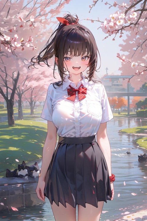  1girl, solo, best quality, detailed, looking at viewer, standing, holding animal, blush, smile, open mouth, cat tail, teeth, long hair, brown hair, ponytail, hair ribbon, bangs, large breasts, hand on hip, white shirt, pleated skirt, school uniform, black skirt, collared shirt, dress shirt, short sleeves, red bowtie, red ribbon, bracelet, outdoors, water, fangs, cherry blossoms, branch, black cat, wrist scrunchie, maple leaf, autumn leaves, wisteria, bare tree, spring \(season\), river