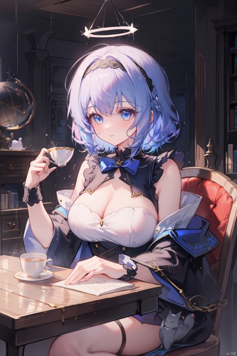  1girl, ouro kronii, virtual youtuber, solo, impasto, oil painting, best quality, sitting, blue eyes, blue hair, short hair, purple hair, hair intakes, bangs, large breasts, cleavage cutout, detached sleeves, halo, clock, book, candle, table, hourglass, cat, teacup, headband, bird, chair, indoors, chain, globe, blue bow, rain, air bubble