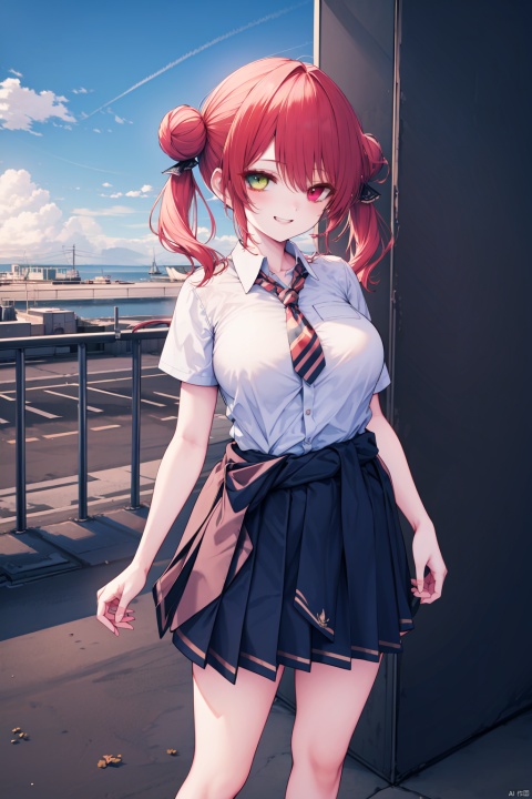  (masterpiece),(best quality),1girl, solo, houshou marine, skirt, yellow eyes, necktie, shirt, v, red eyes, virtual youtuber, red hair, white shirt, heterochromia, smile, double v, hair bun, outdoors, looking at viewer, school uniform, white socks, clothes around waist, long hair, pleated skirt, twintails, breasts, bangs, blush, socks, short sleeves, sky, double bun, striped necktie, blue skirt, shoes, collared shirt, cloud, grin, large breasts, black footwear, sweater, v over eye, blue sky, loafers, standing, sweater around waist, cowboy shot