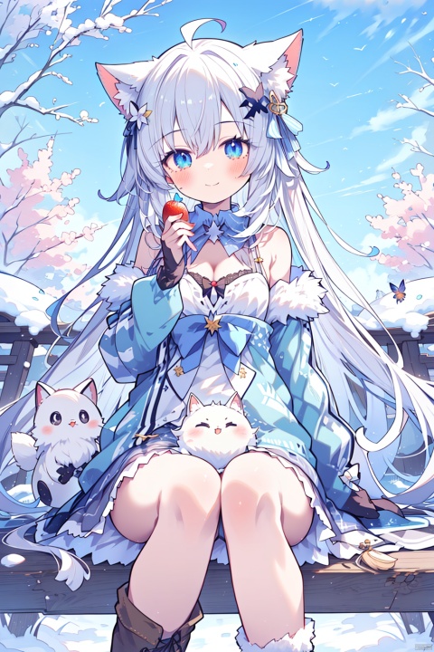  (best quality),(masterpiece),1girl, animal_ears, solo, snow, blue_eyes, breasts, long_hair, food, smile, fruit, outdoors, tree, bow, fur_trim, boots, closed_mouth, looking_at_viewer, hair_ornament, cleavage, very_long_hair, white_hair, blush, tail, long_sleeves, bare_shoulders, animal, hair_between_eyes, holding