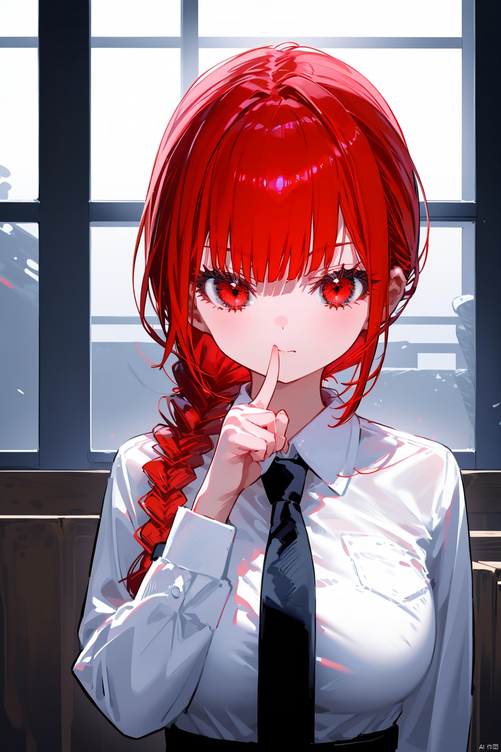 makima \(chainsaw man\), solo, 1girl, shirt, black necktie, necktie, white shirt, red hair, looking at viewer, ringed eyes, collared shirt, braid, long sleeves, upper body, index finger raised, sidelocks, closed mouth, breasts, red eyes, braided ponytail