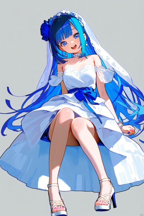 1girl, solo, blue_eyes, dress, toes, feet, high_heels, breasts, looking_at_viewer, open_mouth, sandals, bare_shoulders, smile, white_dress, blue_hair, toenails, strapless_dress