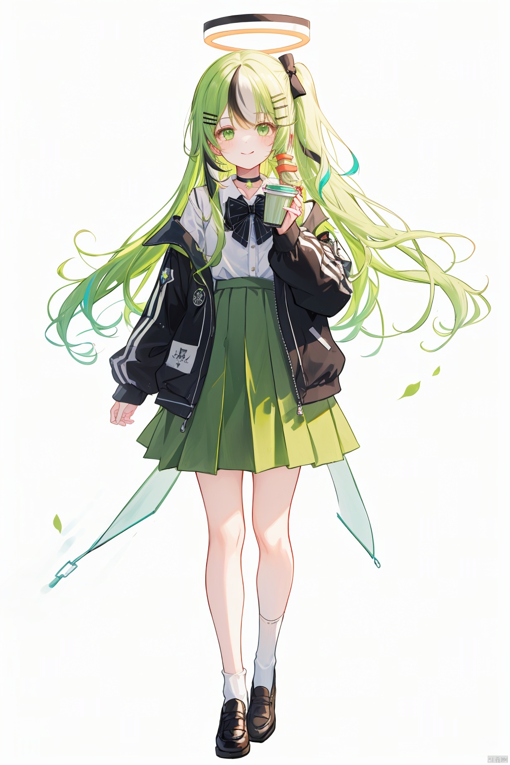  (best quality),(masterpiece),1girl, green eyes, halo, solo, multicolored hair, white background, holding, full body, long hair, green hair, simple background, black footwear, disposable cup, open clothes, skirt, very long hair, hair ornament, bangs, hairclip, long sleeves, smile, shoes, white shirt, holding cup, jacket, standing, shirt, looking at viewer, streaked hair, puffy long sleeves, choker, green skirt, closed mouth, open jacket, socks, black choker, puffy sleeves, collared shirt, cup, off shoulder, tongue out, white socks, black bow, pleated skirt, dress, green jacket, ponytail, one side up