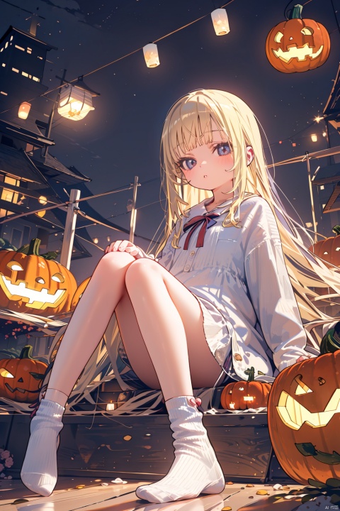 (best quality), (masterpiece),1girl, solo, long_hair, blonde_hair, sitting, socks, pumpkin, lantern
