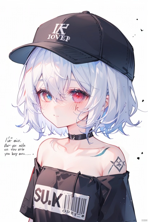  1girl, solo, best quality, white background, simple background, upper body, looking at viewer, red eyes, grey eyes, heterochromia, white hair, short hair, small breasts, barcode tattoo, clothes writing, baseball cap, bare shoulders, pseudo-impasto, black headwear, english text on skin, english text on body, strapless, body writing