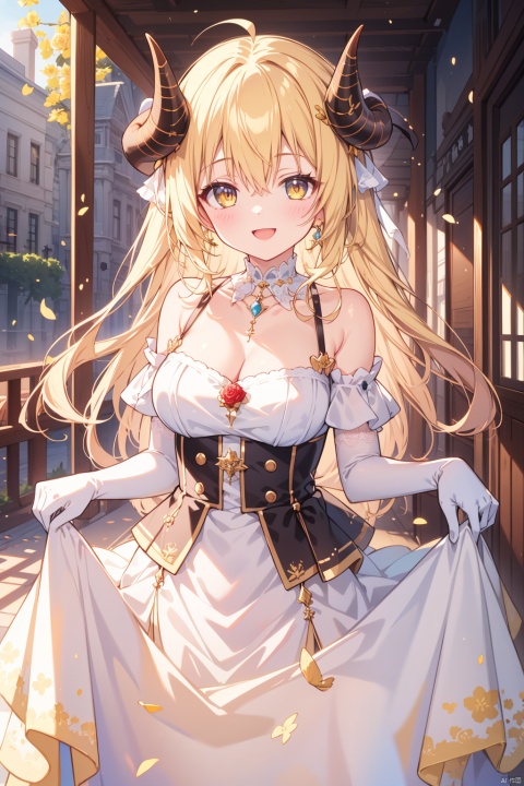  (best quality),(masterpiece),1girl, petals, solo, dress, blonde_hair, gloves, flower, skirt_hold, smile, bird, open_mouth, breasts, white_gloves, bow, elbow_gloves, looking_at_viewer, crown, :d, yellow_eyes, blush, bare_shoulders, yellow_flower, full_body, cleavage, hair_between_eyes, outdoors, jewelry, yellow_rose, rose, horns, choker