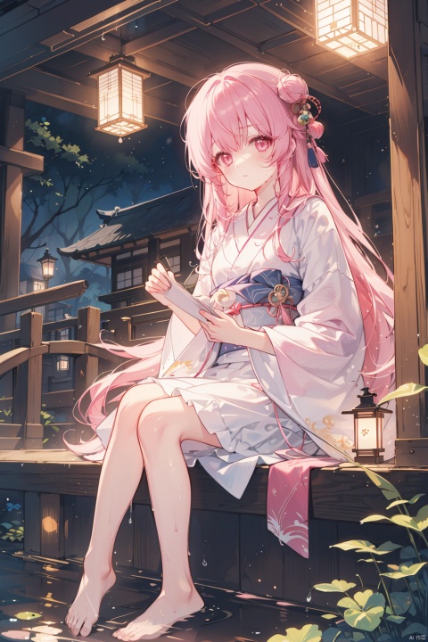 1girl, long hair, solo, pink hair, looking at viewer, lantern, water, bangs, sitting, long sleeves, wet, holding lantern, barefoot, very long hair, pink eyes, in water, japanese clothes