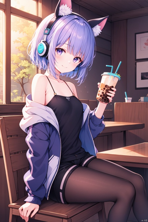  (masterpiece),(best quality),1girl, solo, purple eyes, headphones, sitting, holding, cup, looking at viewer, jacket, short hair, bare shoulders, fake animal ears, pantyhose, drinking straw, table, chair, off shoulder, book, closed mouth, shorts, sleeveless, smile, lantern, holding cup, indoors, bubble tea, open jacket, bangs