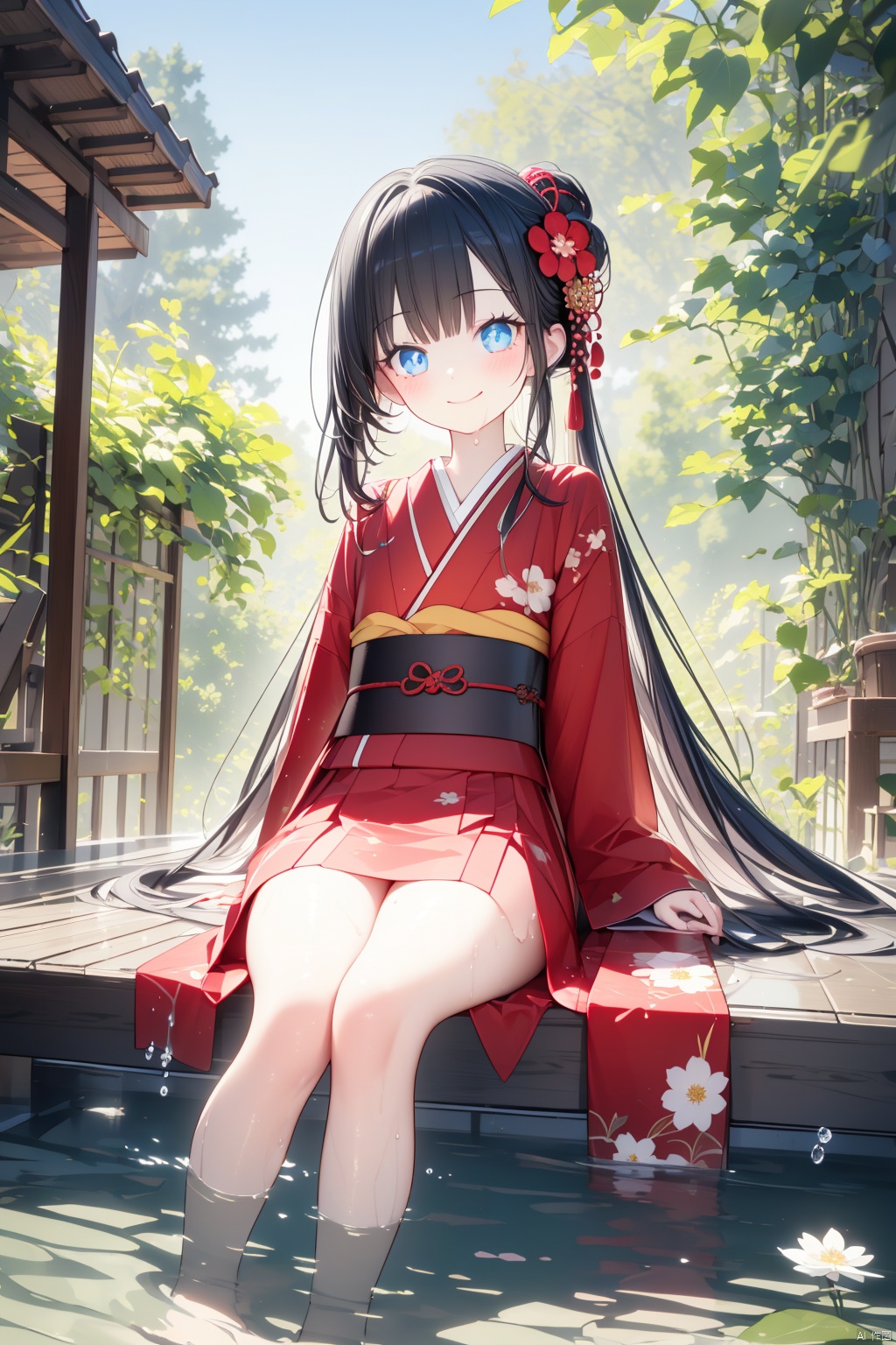  (best quality),(masterpiece),1girl, long hair, black hair, solo, blue eyes, japanese clothes, kimono, soaking feet, water, smile, looking at viewer, sitting, red kimono, very long hair, sash, closed mouth, obi, hair ornament, long sleeves, outdoors, barefoot, blush, flower, wide sleeves, skirt