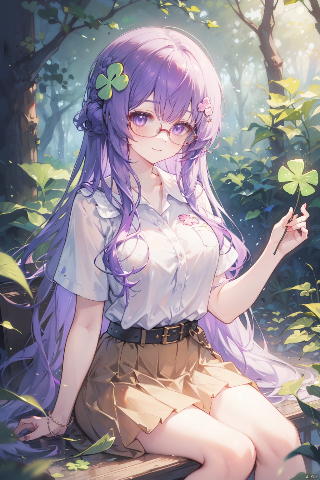clover, 1girl, four-leaf clover, yellow skirt, skirt, solo, white shirt, shirt, long hair, smile, sitting, clover hair ornament, glasses, hair ornament, short sleeves, purple eyes, semi-rimless eyewear, purple hair, outdoors, looking at viewer, nature, belt, red-framed eyewear, closed mouth, four-leaf clover hair ornament, under-rim eyewear, very long hair, holding, long skirt, forest, blurry, day, breasts, blurry background, virtual youtuber