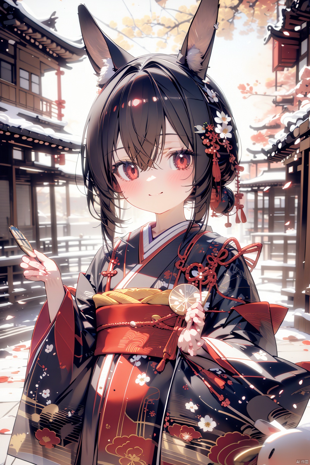 japanese clothes, kimono, animal ears, hand fan, red eyes, multicolored hair, paper fan, smile, sash, looking at viewer, solo focus, black hair, blurry background, holding, obi, blurry, red kimono, uchiwa, white hair, horse ears, blush, hair ornament, hair between eyes, streaked hair, holding fan, floral print, closed mouth, wide sleeves, long sleeves, short hair, rabbit ears, multiple girls, two-tone hair, horse girl, night, outdoors, 1girl, fake animal ears