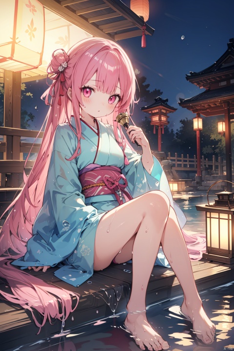 1girl, long hair, solo, pink hair, looking at viewer, lantern, water, bangs, sitting, long sleeves, wet, holding lantern, barefoot, very long hair, pink eyes, in water, japanese clothes