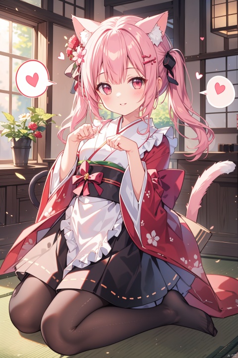  (best quality),(masterpiece),tail ornament, 1girl, pantyhose, hair ornament, tail, looking at viewer, red eyes, bangs, wide sleeves, tail ribbon, animal ears, no shoes, flower, spoken heart, paw pose, cat ears, heart, hair flower, twintails, red flower, japanese clothes, tassel, blush, cat tail, solo, kimono, bow, long hair, full body, apron, long sleeves, extra ears, red bow, parted lips, smile, black bow, tail bow, hands up, pink kimono, animal ear fluff, cat