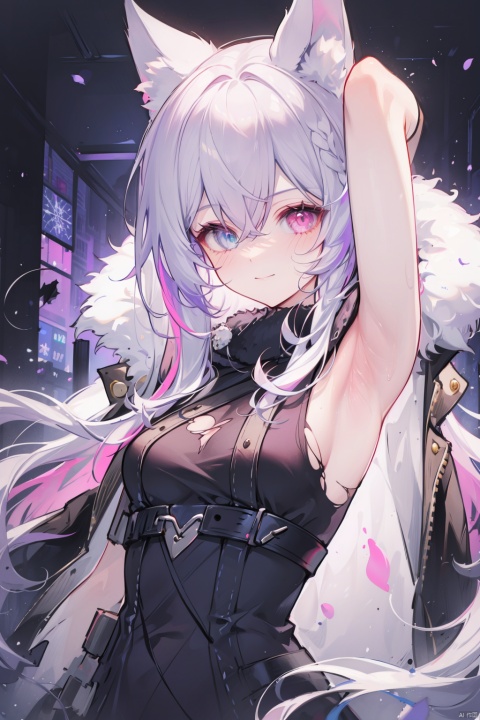  1girl, solo, pseudo impasto, best quality, looking at viewer, smile, closed mouth, pink eyes, hair between eyes, grey eyes, heterochromia, purple eyes, multicolored hair, grey hair, armpits, torn clothes, fur-trimmed coat, fur-trimmed jacket, fur-trimmed hood, arm up