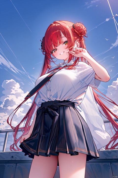  (masterpiece),(best quality),1girl, solo, houshou marine, skirt, yellow eyes, necktie, shirt, v, red eyes, virtual youtuber, red hair, white shirt, heterochromia, smile, double v, hair bun, outdoors, looking at viewer, school uniform, white socks, clothes around waist, long hair, pleated skirt, twintails, breasts, bangs, blush, socks, short sleeves, sky, double bun, striped necktie, blue skirt, shoes, collared shirt, cloud, grin, large breasts, black footwear, sweater, v over eye, blue sky, loafers, standing, sweater around waist, cowboy shot