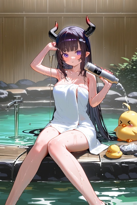 1girl, feet, toes, towel, horns, purple_eyes, breasts, water, pouring_onto_self, barefoot, black_hair, long_hair, solo, manjuu_\(azur_lane\), looking_at_viewer, naked_towel, bottle, pouring, sitting, onsen, wet, holding, armpits