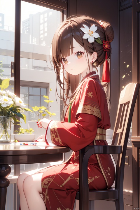  (best quality),(masterpiece),1girl, solo, flower, hair ornament, hair flower, dress, brown hair, red dress, candle, brown eyes, sitting, hair bun, jewelry, earrings, long sleeves, window, chinese clothes, table, from side, white flower, indoors, single hair bun, lattice, chair, round window, closed mouth, sidelocks, red nails, wide sleeves, nail polish, long hair, board game, tassel