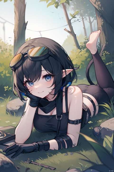 eunectes \(arknights\), snake tail, 1girl, tail, pointy ears, solo, goggles, goggles on head, looking at viewer, on stomach, short hair, lying, smile, barefoot, blue eyes, thigh strap, bare shoulders, black hair, outdoors, gloves, black gloves, nature, breasts