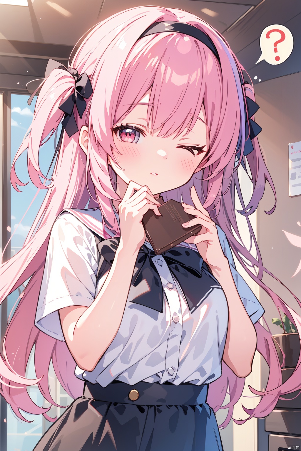  (best quality),(masterpiece),1girl, black skirt, skirt, shirt, two side up, black hairband, bangs, pink hair, white shirt, black bow, very long hair, short sleeves, holding, hair bow, long hair, spoken question mark, parted lips, 1boy, hairband, bow, red eyes, blush, medium breasts, black hair, ?, breasts, looking at viewer, closed eyes, hands up, virtual youtuber, hair intakes
