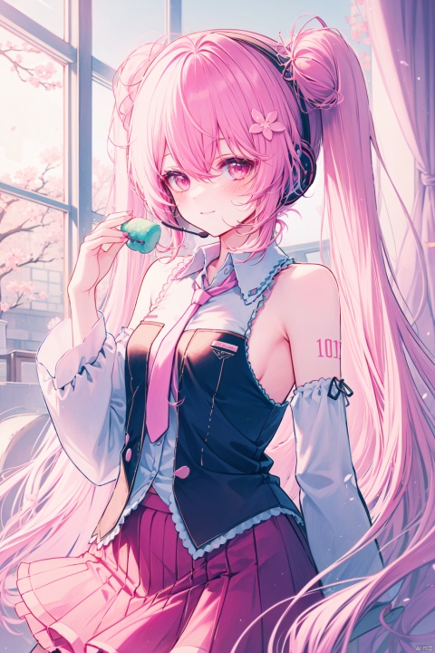  (masterpiece),(best quality),1girl, solo, sakura miku, hatsune miku, cherry hair ornament, necktie, pink hair, skirt, pink necktie, long hair, shirt, twintails, detached sleeves, pink skirt, hair ornament, pleated skirt, looking at viewer, pink eyes, food-themed hair ornament, white shirt, bangs, very long hair, sleeveless shirt, cherry blossoms, sleeveless, pink theme, closed mouth, collared shirt, cowboy shot, smile, hair between eyes, headset, bare shoulders, blush, long sleeves, pink flower