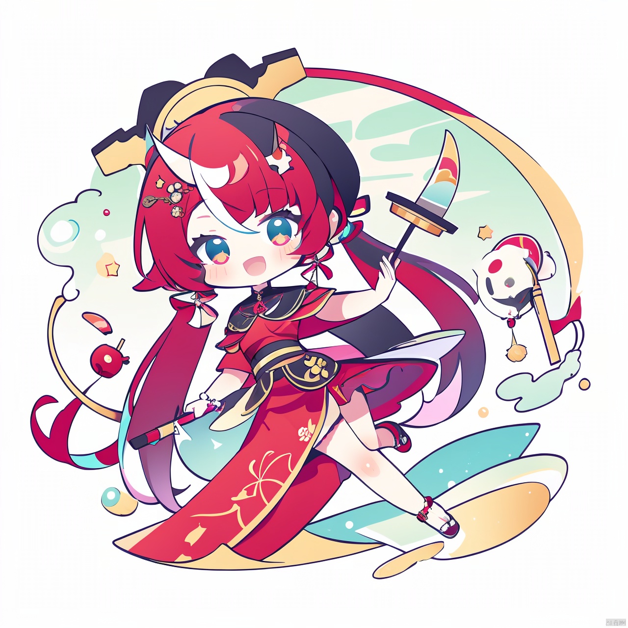  QB,chibi,nilou \(genshin impact\), 1girl, breasts, horns, long hair, solo, cleavage, red hair, looking at viewer, all fours, short sleeves, very long hair, smile, tail, medium breasts, red dress, blush, chinese clothes, bangs, food, alternate costume, china dress, open mouth, dress, :d, parted bangs, side slit, twintails, circlet, fang, new year, aqua eyes, bare legs, full body, bowl