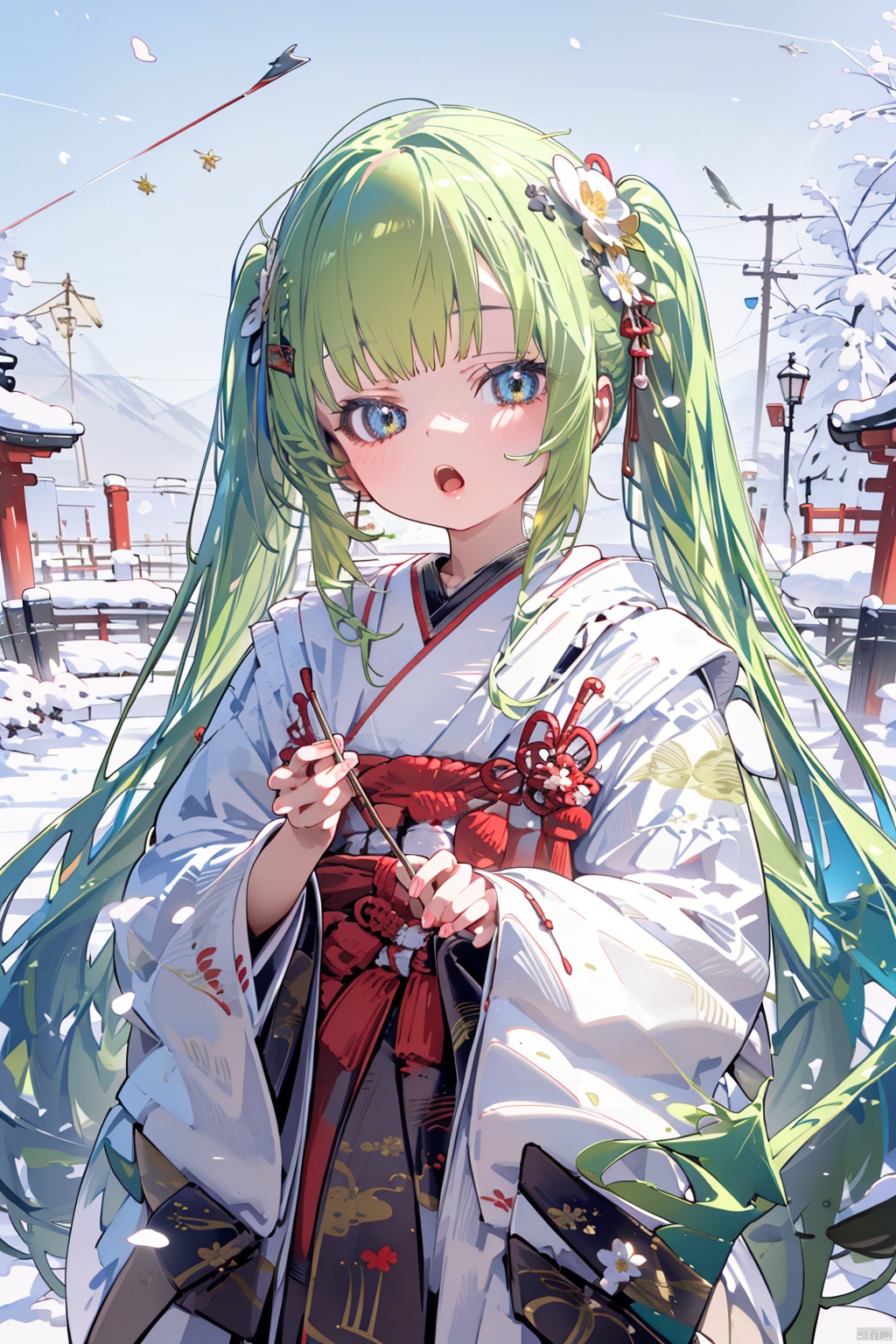 1girl, hatsune miku, yuki miku, japanese clothes, solo, long hair, kimono, holding, arrow \(projectile\), hood, wataboushi, open mouth, hamaya, wide sleeves, looking at viewer, twintails, uchikake, white kimono, green hair, hair ornament, snow, very long hair, bangs, flower, holding arrow