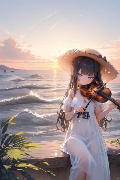  1girl, solo, impasto, best quality,depth of field,aesthetic, detailed, scenery, sitting, holding instrument, blue eyes, long hair, cleavage, white dress, strapless dress, straw hat, bare shoulders, ribbon, violin, playing instrument, cloudy sky, sunset, twilight, ocean, blue sky, evening, outdoors, orange sky, sunrise, mountainous horizon, gradient sky
