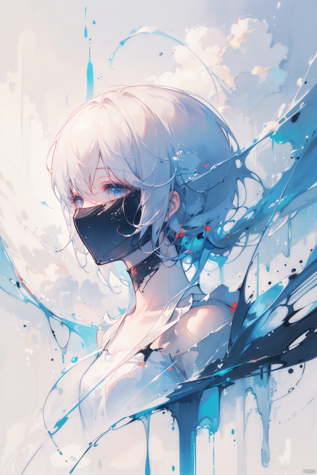  asterpiece, best quality, ultra high res, (extreme detailed), (1 beautiful girl), (abstract art:1.4), bleeding white, visually stunning, beautiful, evocative, emotional, ((white background)), white theme, goddess, cloud, mask