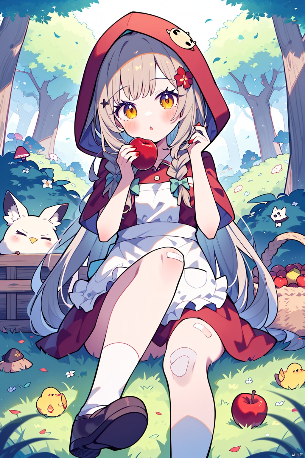  (best quality),(masterpiece),1girl, braid, solo, knife, flower, tree, bottle, sitting, long_hair, twin_braids, basket, brown_hair, bird, rose, hood, bow, little_red_riding_hood_\(grimm\), socks, mushroom, very_long_hair, nature, white_socks, food, red_flower, shoes, yellow_eyes, outdoors, apron, watermark, hair_ornament, red_footwear, hair_bow, white_apron, looking_at_viewer, forest, bandaid, bandaid_on_leg, yellow_bow, apple, wine_bottle, mary_janes, fruit, red_rose, dress, brown_eyes