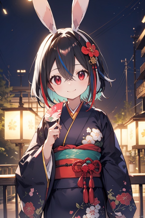 japanese clothes, kimono, animal ears, hand fan, red eyes, multicolored hair, paper fan, smile, sash, looking at viewer, solo focus, black hair, blurry background, holding, obi, blurry, red kimono, uchiwa, white hair, horse ears, blush, hair ornament, hair between eyes, streaked hair, holding fan, floral print, closed mouth, wide sleeves, long sleeves, short hair, rabbit ears, multiple girls, two-tone hair, horse girl, night, outdoors, 1girl, fake animal ears