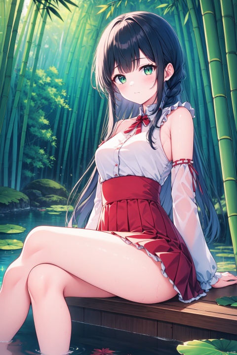  (masterpiece),(best quality),1girl, solo, green eyes, sitting, water, long hair, braid, outdoors, red skirt, feet out of frame, frills, skirt, detached sleeves, looking at viewer, nature, black hair, bangs, day, bamboo, nail polish, closed mouth, soaking feet, plant, bamboo forest, long sleeves, forest, wide sleeves, blush, breasts, leaf, lily pad, thighs, high-waist skirt, white sleeves