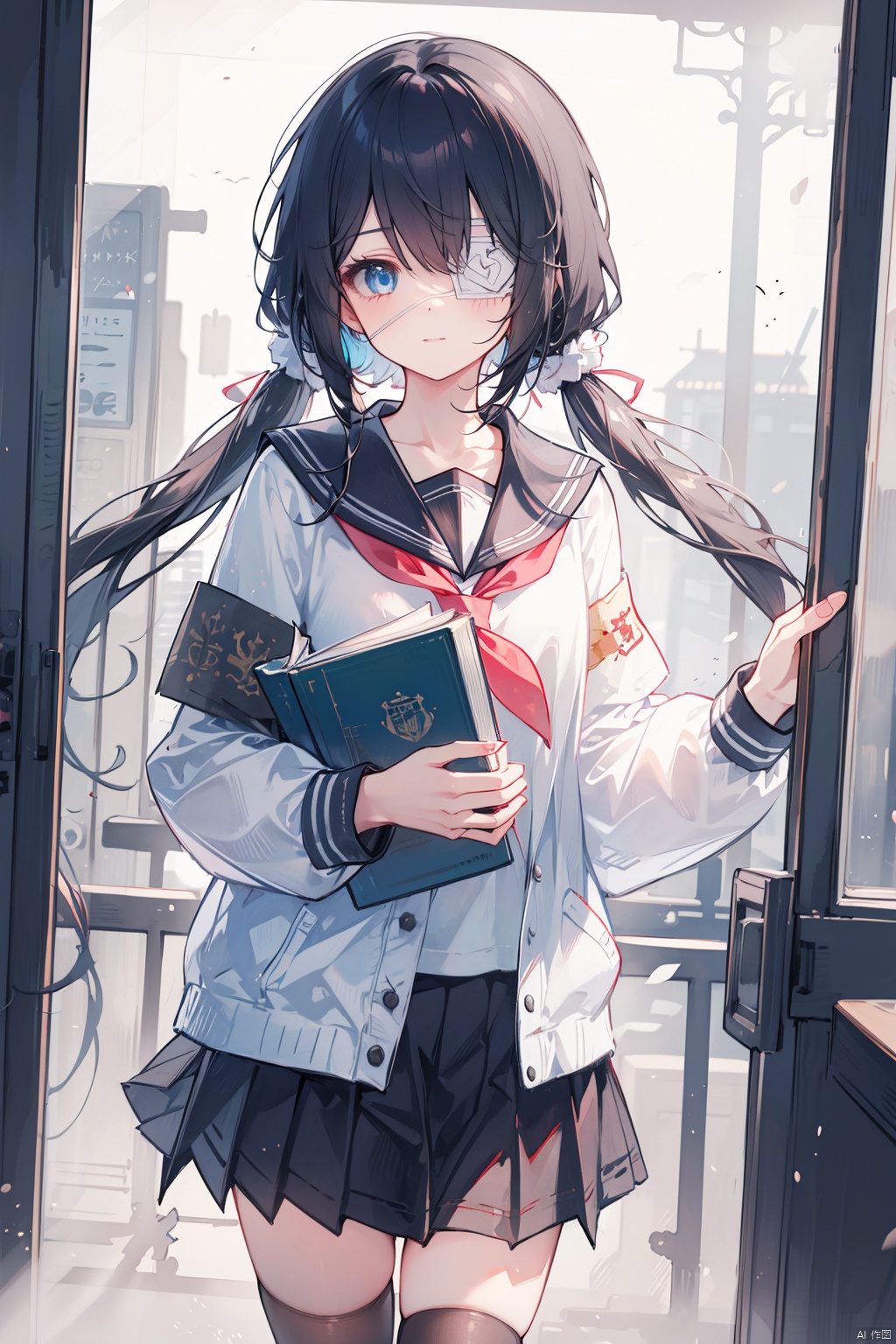 1girl, solo, thighhighs, school uniform, twintails, skirt, broken glass, long hair, eyepatch, low twintails, holding, black thighhighs, looking at viewer, sailor collar, serafuku, green neckerchief, blue eyes, pleated skirt, armband, book, long sleeves, bangs, neckerchief, glass, standing, black hair, zettai ryouiki, shirt, holding book, collarbone