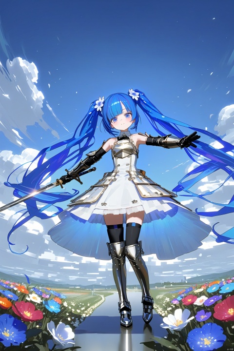 1girl, solo, long_hair, hatsune_miku, sword, blue_eyes, weapon, armor, hair_ornament, hair_flower, blue_hair, high_heels, twintails, flower, boots, thighhighs, armored_boots, white_dress, looking_at_viewer, dress, cloud, gauntlets, sky