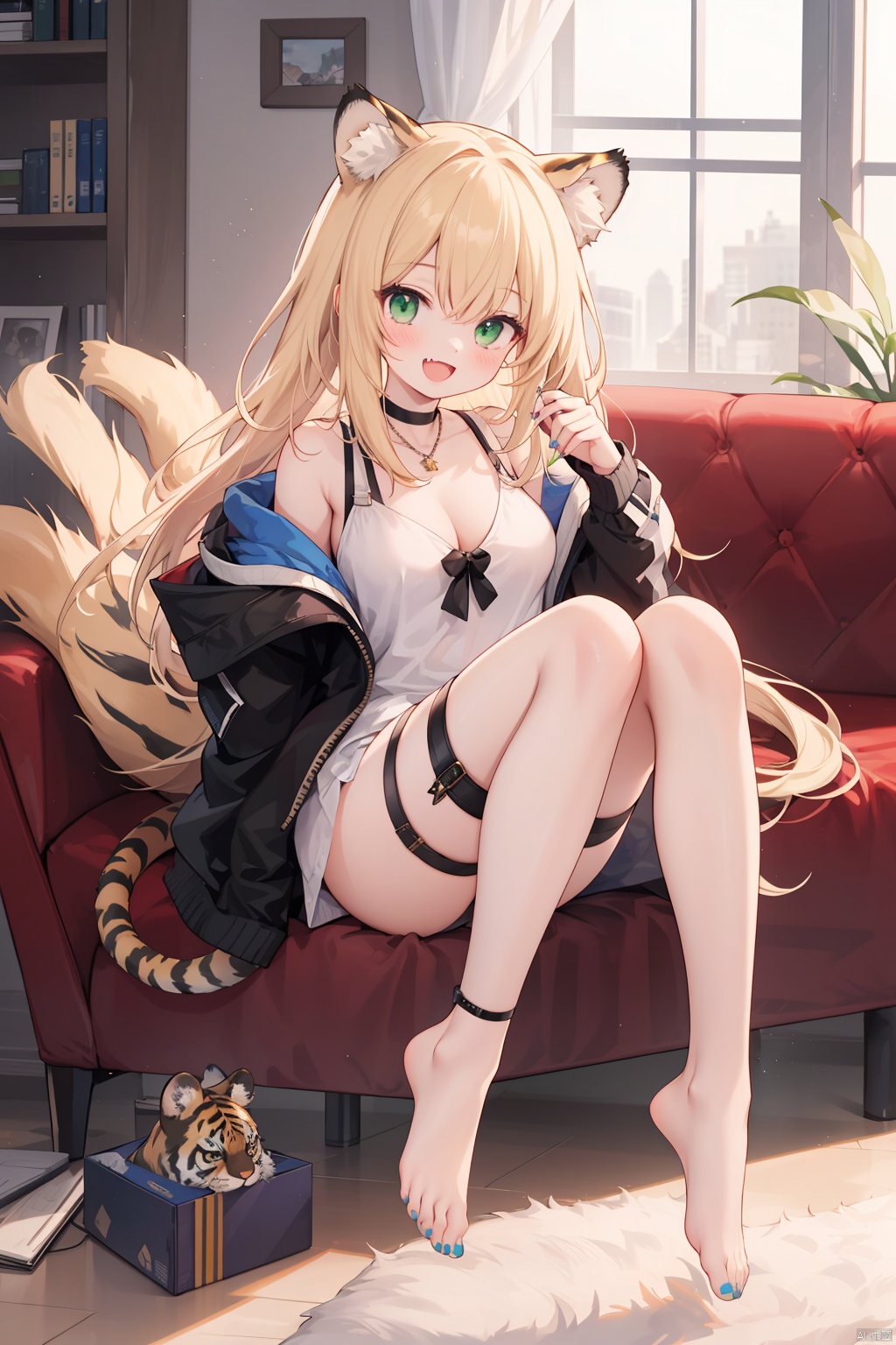 1girl, long hair, toenails, solo, toenail polish, very long hair, swire \(arknights\), animal ears, breasts, barefoot, green eyes, tiger ears, nail polish, feet, looking at viewer, tiger girl, tiger tail, toes, sitting, tail, blonde hair, smile, fang, open mouth, thigh strap, jacket, jewelry, green nails, indoors, absurdly long hair, legs, medium breasts, black choker, cleavage, choker, knee up, couch, necklace, full body, chair, :d