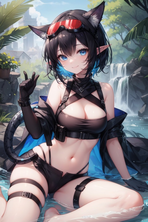 eunectes \(arknights\), snake tail, 1girl, tail, pointy ears, solo, goggles, goggles on head, looking at viewer, on stomach, short hair, lying, smile, barefoot, blue eyes, thigh strap, bare shoulders, black hair, outdoors, gloves, black gloves, nature, breasts