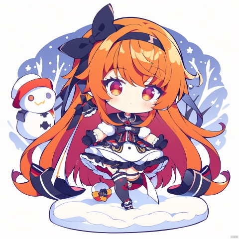  QB,chibi,1girl, solo, gloves, black gloves, long hair, thighhighs, dress, holding, snow, white thighhighs, snowman, hairband, looking at viewer, orange hair, red eyes