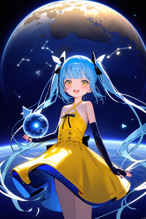 1girl, planet, dress, solo, long_hair, gloves, elbow_gloves, two-sided_dress, open_mouth, floating_hair, smile, blue_dress, star_\(sky\), yellow_eyes, two-sided_fabric, very_long_hair, space, blue_hair, ribbon, hair_ribbon, fingerless_gloves, looking_at_viewer, :d, black_ribbon, bare_shoulders, halterneck, globe, floating_object, constellation, sky, star_\(symbol\), light_blue_hair, cowboy_shot, starry_sky, blush, quad_tails, yellow_dress, earth_\(planet\), tress_ribbon, triangle, bug, glowing, hair_ornament